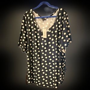 NWT Plus Size Split Neck Top, Size 30/32, Navy and White Dot
